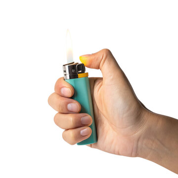Hand holding a lit disposable lighter with flame isolated on transparent background