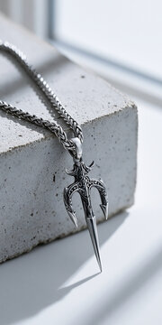 A detailed close-up of a silver trident pendant on a metal chain, resting on a rough concrete surface, showcasing intricate mythological design