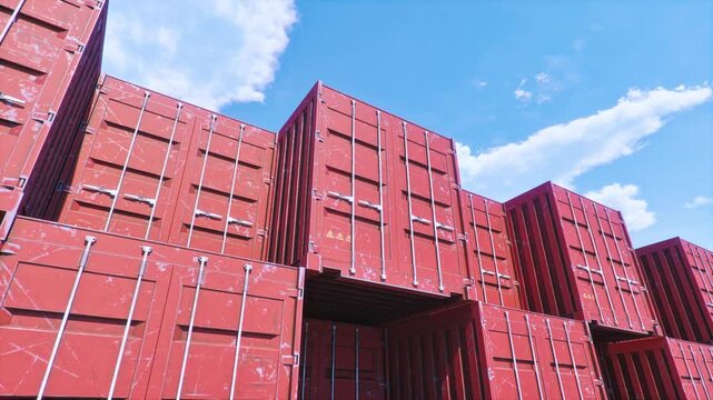 Red container stacks against blue sky day background. 3d animation. Heavy logistics infrastructure Terminal concept.