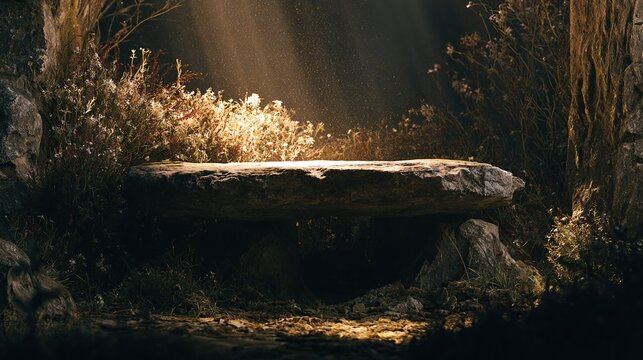Cinematic atmosphere. high-fidelity textures. flat surface of rock is ideal for product mockup or text. golden dust particles
