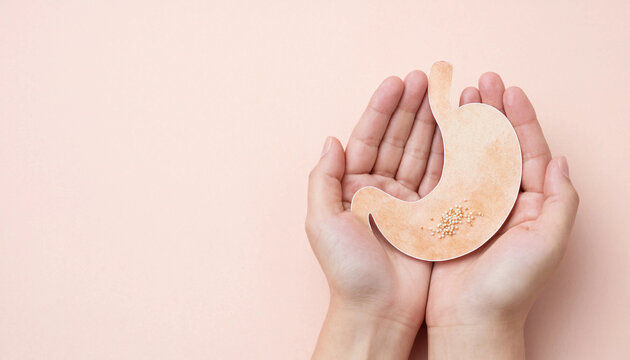 Hands holding paper cutout of stomach with pills inside representing digestive health concept on soft pink background