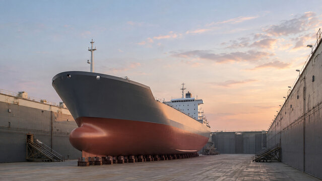 Empty cargo vessel in dry dock at dawn with clear copy space