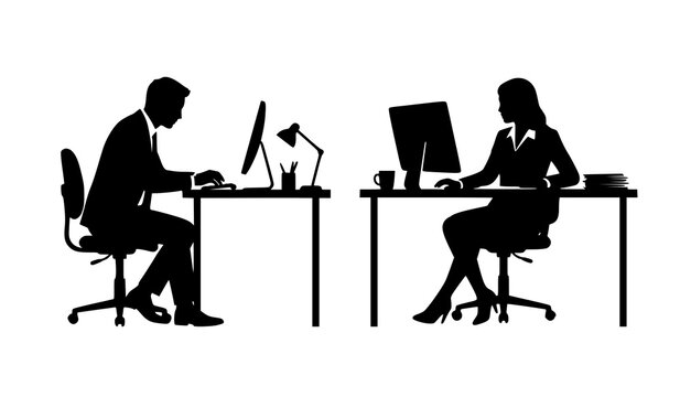 Corporate office employees working on computer desks side view graphic vector illustration for modern business workflow projects