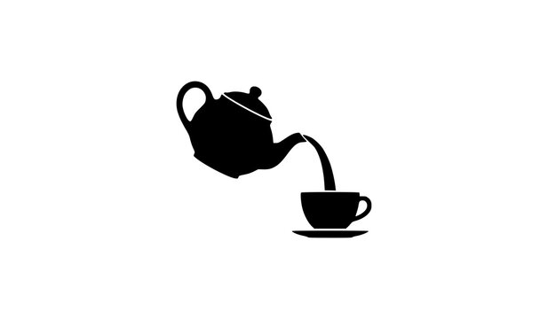 Classic teapot pouring hot tea beverage into porcelain cup on saucer vector graphic icon for cafe menu