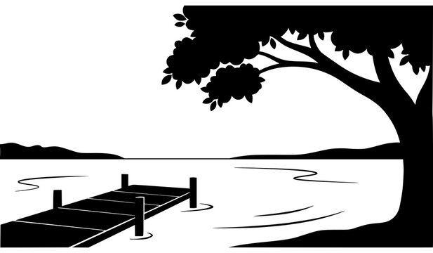 Peaceful lake landscape scene with wooden pier dock extending into water under large shaded tree vector illustration