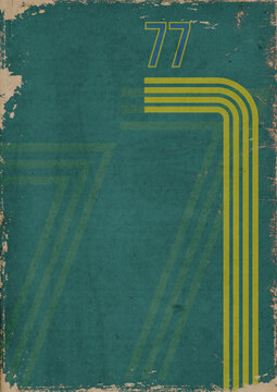 1970s sports background with copyspace. Vintage colored stripes and the number 77 on grunge, bleached out paper texture with scratches and folds.
