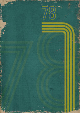 1970s sports background with copyspace. Vintage colored stripes and the number 78 on grunge, bleached out paper texture with scratches and folds.
