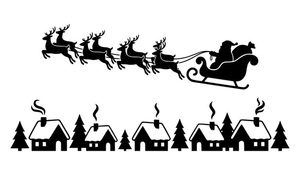 Santa Claus in sleigh pulled by flying reindeers over snowy winter village houses landscape vector graphic design