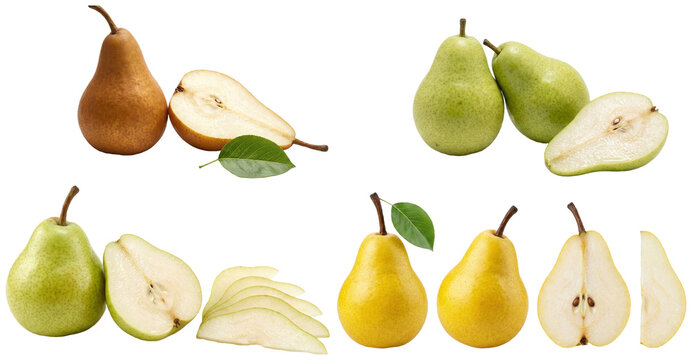 A collection of assorted pear varieties shown whole and cut to reveal their colors, textures, and flesh.