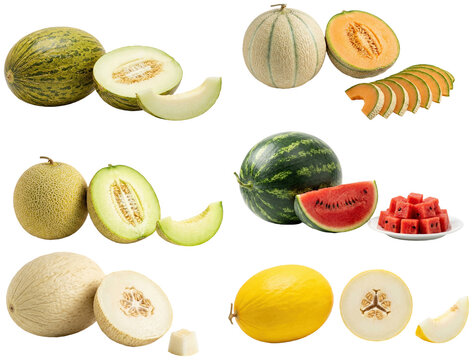 A fresh collection of assorted melons and cut melon pieces arranged in clean studio compositions on white.