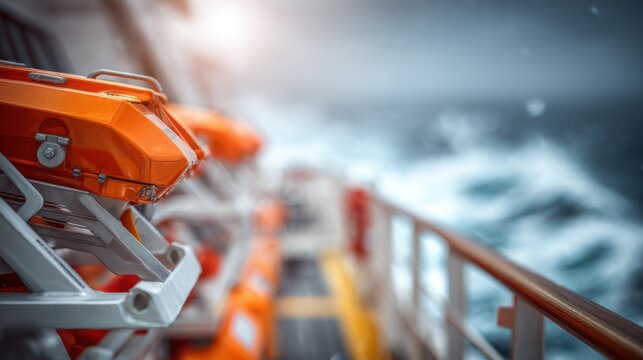 Close-up of a functional lifeboat davit system on a ship's deck, ready for emergency deployment.