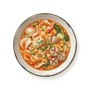 Spicy traditional Indonesian seblak with crackers, meatballs, and vegetables.