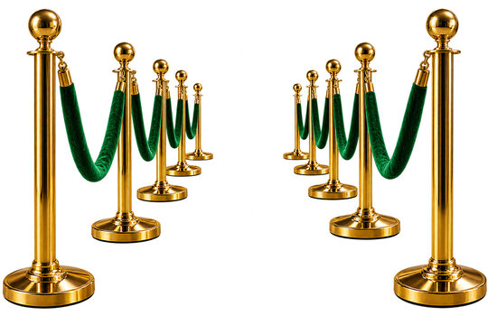 Golden stanchions with green velvet ropes luxury event crowd control vip barrier entrance queue elegant prestige exclusive access transparent background png