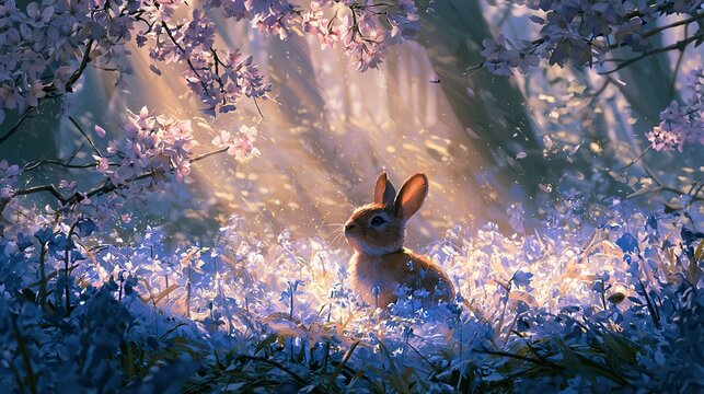 Shafts of divine light piercing through cherry blossoms. high-key romantic atmosphere. ample blurred space in upper frame