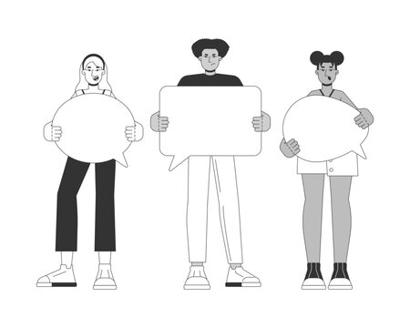 Diverse citizens representing different choices and options flat line illustration. Political preferences. Society polarization 2D outline characters isolated. Black and white cartoon vector image