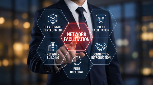 Businessman pointing at network facilitation concept on a digital screen