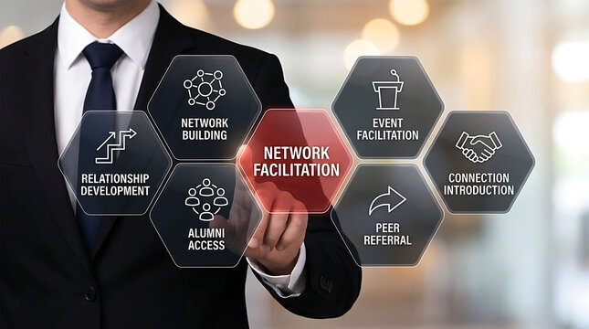 Businessman interacting with network facilitation digital interface in office
