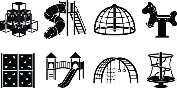 Collection of black silhouette playground equipment vector icons featuring slides, climbing frames, and play structures