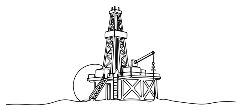 Offshore Oil Rig Platform One Line Art, Minimalist Petroleum Extraction Continuous Line Illustration, Ocean Energy Industry Vector