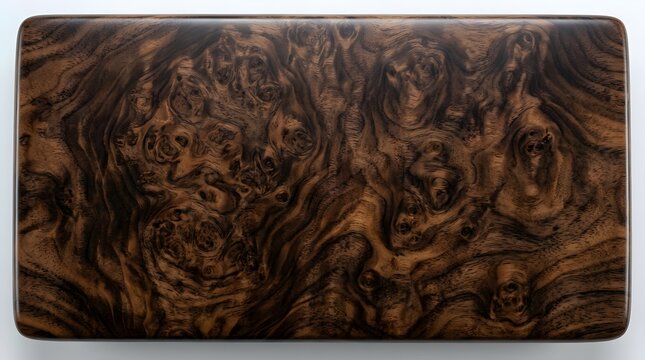 Dark walnut root burl wood texture with intricate swirly figure and natural grain patterns