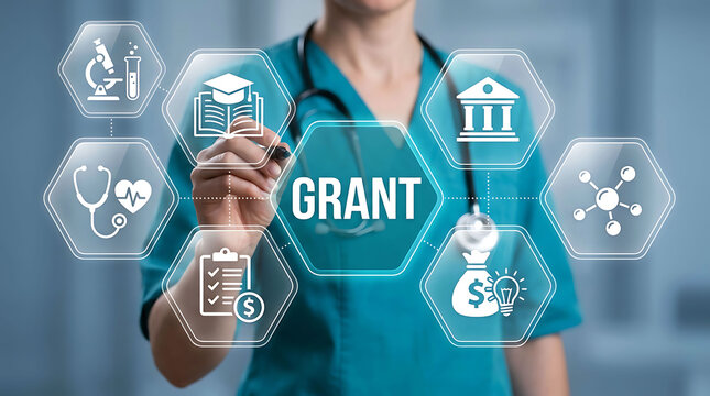 Medical professional pointing at digital grant icon on futuristic interface screen