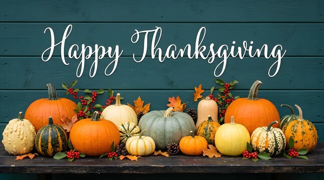 Happy thanksgiving greeting written over various colorful pumpkins resting on dark rustic wooden planks with festive autumn seasonal berry decorations