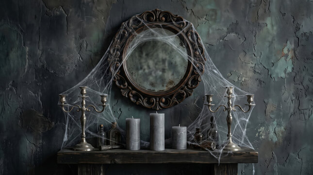 Halloween cobweb dusty background with antique mirror and candleholder creating eerie mood. Creepy gothic horror spider's web. haunted mystery fear spider trap, abstract grunge web net