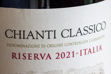 Obraz premium Close-up of a Chianti Classico red wine label, symbol of the famous Tuscan wine appellation in Italy.