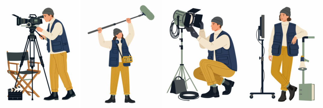 Professional film crew characters flat vector illustration set including camera operator, sound recorder, lighting technician and producer on white background.