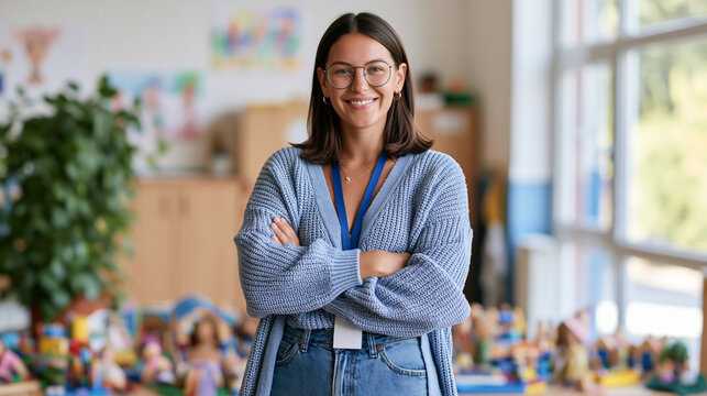 Confident female teacher with glasses poses in a bright preschool classroom. Early education, teacher portrait, school staff, learning environment.
