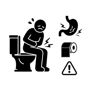 Man sitting on toilet with stomach ache and digestive problems icon set.