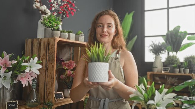 Woman florist offers potted plant, hands extended toward camera in a studio surrounded by flowers and wooden crates; warmth nurture growth.