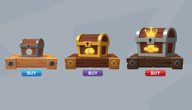 Video game store display features three different ranks of treasure chests with buy buttons for player purchase.