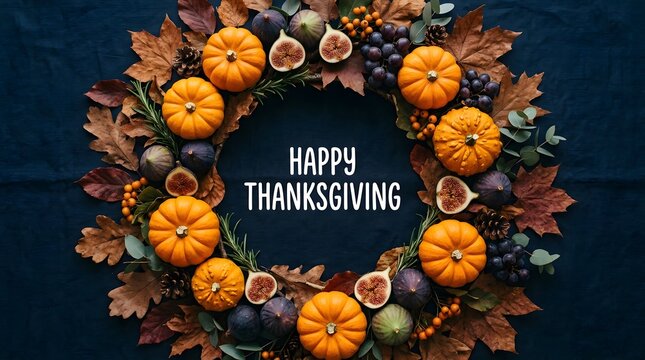 Festive thanksgiving wreath arrangement featuring orange pumpkins with fresh figs and brown autumn leaves on dark blue textured wooden background