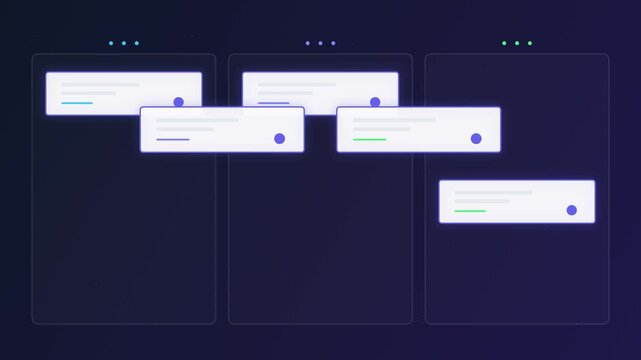 Abstract digital project management board with interactive task cards and notifications on a dark purple background