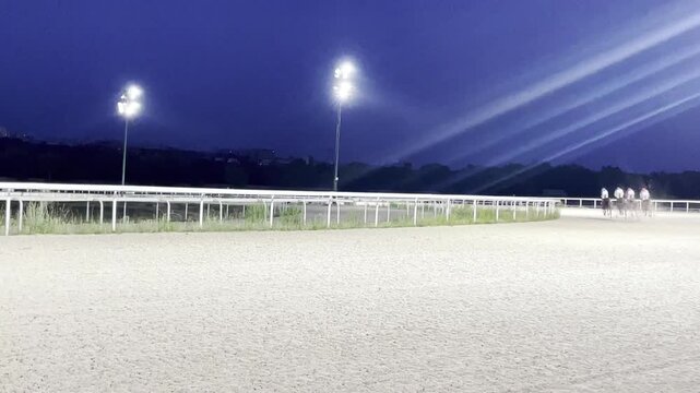 Turf de noche carrera nocturna de caballos galope en hip&oacute;dromo race horse galopando pista de arena dirt pura sangre y jockey competencia h&iacute;pica con farola artificial iluminaci&oacute;n y destello luz reflejo