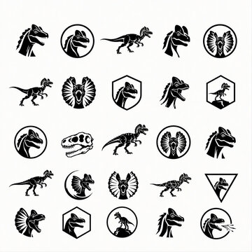 Set of minimalist dilophosaurus icons and silhouettes, simple prehistoric dinosaur symbol collection in flat design