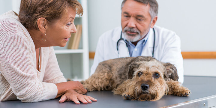 A veterinarian examining a dog while its owner looks on with concern. The dog is lying on an examination table, looking sad.