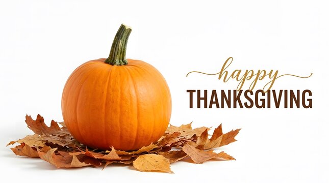 Bright orange pumpkin resting on dry brown autumn leaves isolated against a clean white background for a festive seasonal greeting