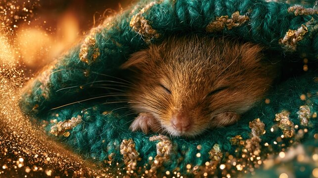 Tiny harvest mouse sleeping inside decorative christmas stocking. warm golden light from hearth. emerald green accents. high quality photography