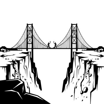 Suspension bridge spanning a deep canyon with two figures meeting in the center.