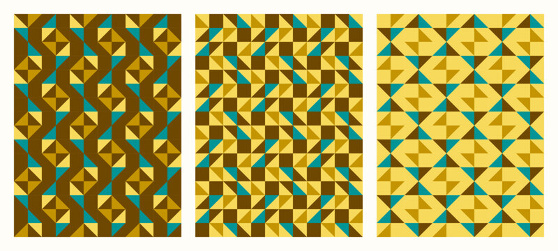 Retro backgrounds set, Color tessellation collection, bundle of modern seamless geometric vector patterns in vintage yellow, teal, brown colors