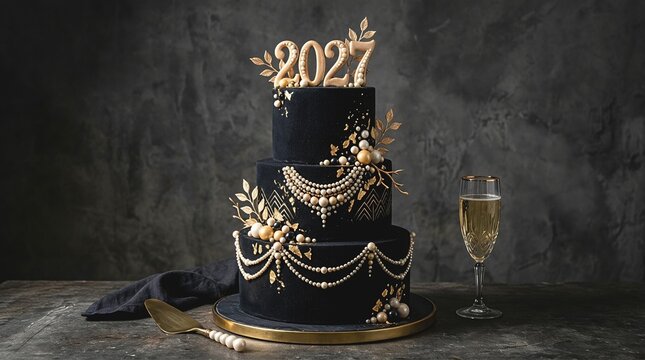 Elegant three tier black and gold 2027 New Year celebration cake with champagne
