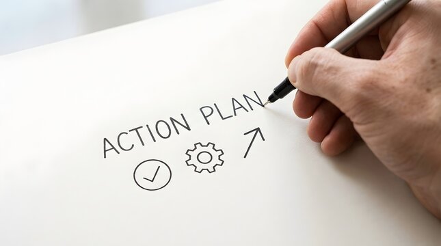 Hand writing Action Plan with checkmark gears and arrow