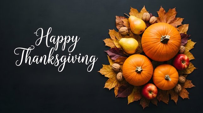 Festive thanksgiving greeting card featuring bright orange pumpkins crisp autumn foliage red apples golden pears and walnuts on dark background