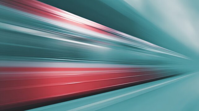 Blurred motion of a moving train, in the style of industrial design, with flat colors of teal and red.
