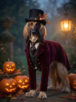 Elegant dog wearing a top hat and suit standing near glowing Halloween pumpkins at night