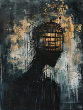 Conceptual painting of silhouette with birdcage head and escaping bird symbolizing trapped mind