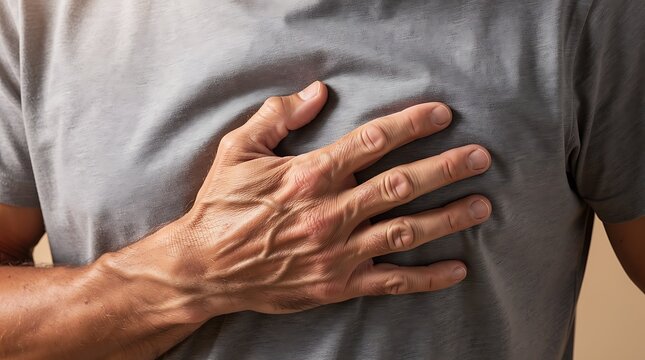 Close Up of Man Clutched Hand on Chest Suffering from Severe Heart Attack Pain for Cardiovascular Disease and Medical Emergency Concept
