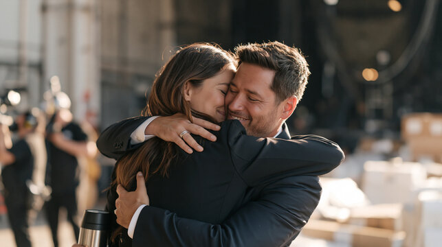 Bodyguard embracing his opera singer client farewell on her final world tour date in an industrial loading dock a thermos of tea in his hand as stagehands document the poignant